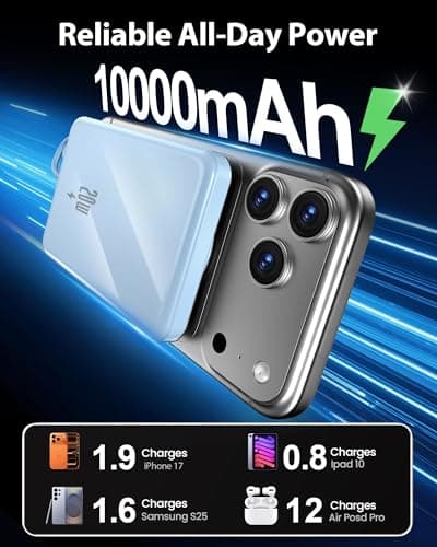 golioklsy Portable Charger Power Bank, 10000mAh Phone Charger with Built-in Cable, 20W PD Fast Charging, Slim Battery Pack with LED Display, Travel Essential for iPhone 17/16/15/14 All Series, Blue — view 2