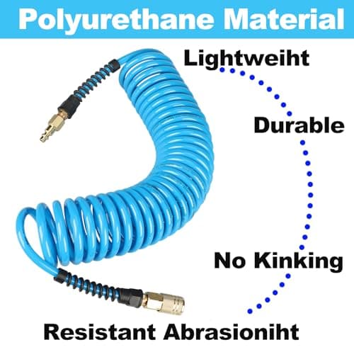 Keepro Polyurethane Recoil Air Hose, 1/4 Inch ID By 25 Feet Long Air Compressor Hose with Repairable Solid Brass 1/4" Industrial Quick Coupler and Plug, 145 PSI Maximum Pressure, Blue