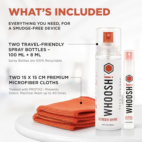 WHOOSH! Screen Shine Duo – Safe & Streak Free Electronics Cleaner for TV, OLED, MacBook, Laptop, Monitor and Car – Eyeglass Cleaner with 100ml + 8ml Bottles and 2 Microfiber Cloths 15x15 cm
