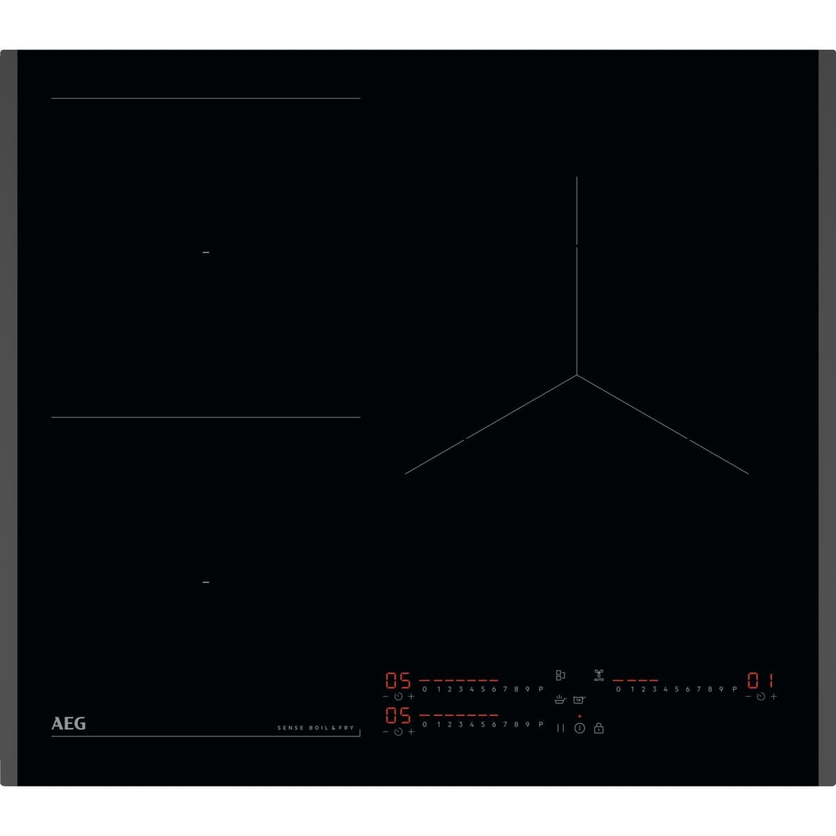 AEG TN63IP0BFB Placa de Inducción, 60 cm, 3 Zonas de Cocción, SenseBoil & SenseFry, FlexiPuente, Sistema Sistema Hob2Hood, Función PowerBoost y Pausa, Controles Deslizantes Independientes, Negro