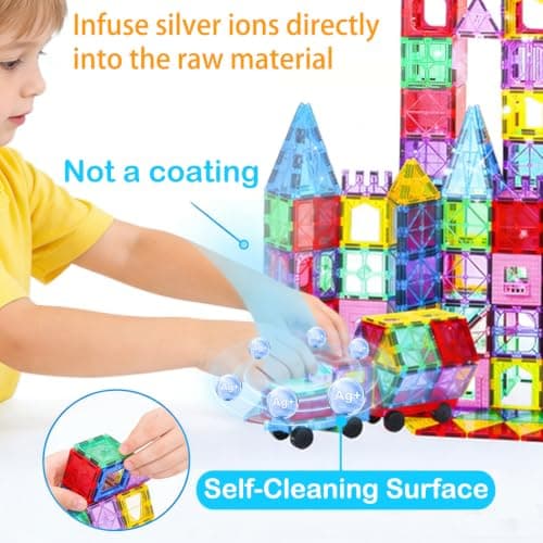 HAPPYMATY Next-Gen Antibacterial Magnetic Tiles 142PCS with 2 Cars, Built-in Antibacterial Protection, Inhibits Bacterial Growth for Healthier Play, STEM Educational Building Blocks for Kids Aged 3+ — view 4
