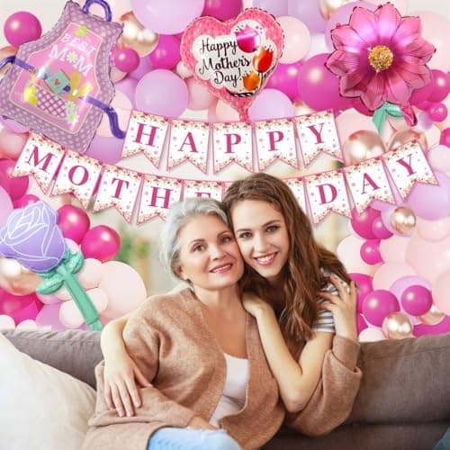 112PCS Mother's Day Balloons Arch Garland Kit Mothers Day Decorations Foil Mothers Day Balloon Flower Best Mom Balloon Latex Hot Pink Rose Gold Pink Balloons Happy Mother's Day Banner Birthday Decor