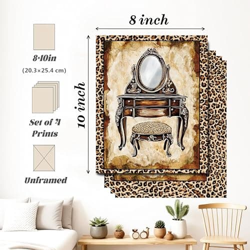 MKYFHSVGD Leopard Print Bathroom Wall Art Posters Set of 4, Vintage Cheetah Vanity Bathtub Toilet Prints Posters for Bathroom Washroom Restroom Powder Room Wall Decor, 8x10 Unframed — view 5