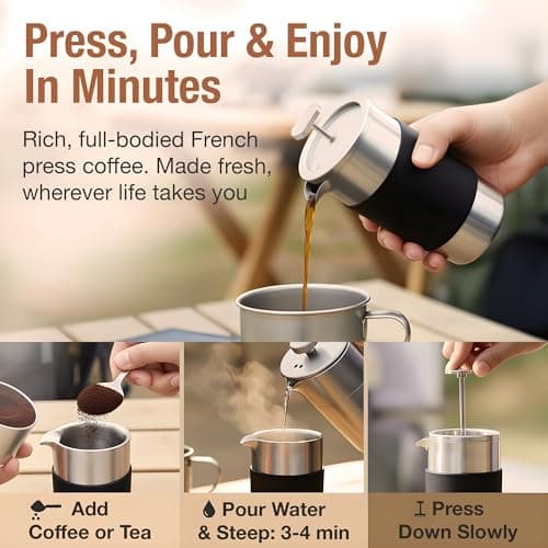 Small French Press Coffee Maker Set - 12 oz | Portable Travel French Press Coffee Maker | Double Wall Insulated with Dual Stainless Filters & 2 Steel Canisters for Grounds, Tea, Creamer & Sugar — view 3