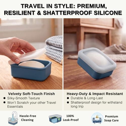 HighHerz Compact Leak Proof Silicone Travel Soap Case with Draining Tray - Portable Bar Soap Container - 2026 Upgrade Travel Essentials for Camping, Gym & Shower (Clear Blue) — view 5