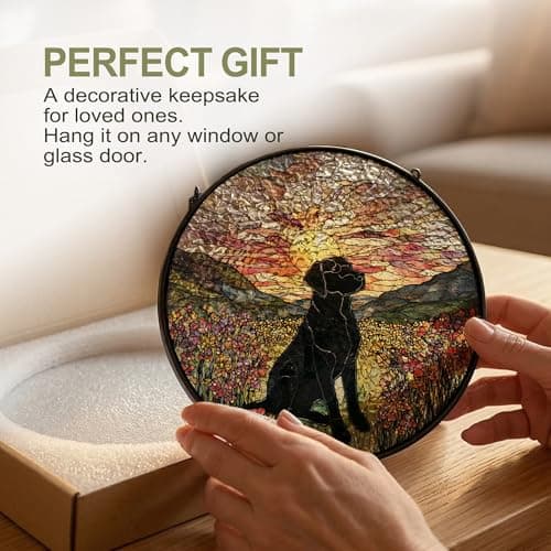 JMENGSSFL Black Labrador Retriever Dog Flower Stained Glass Window Hanging, Black Lab Gifts Suncatcher Sun Catchers Indoor Window, Dog Round Glass Wall Art Hanging Decor, 7.9x7.9 inch — view 3