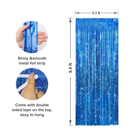 Crosize 2 Pack 3.3 x 9.9 ft Laser Royal Blue Foil Fringe Curtains Party Decorations,Tinsel Curtain Backdrop for Parties, Door Streamers, Glitter Streamer Backdrop for Birthday Decoration
