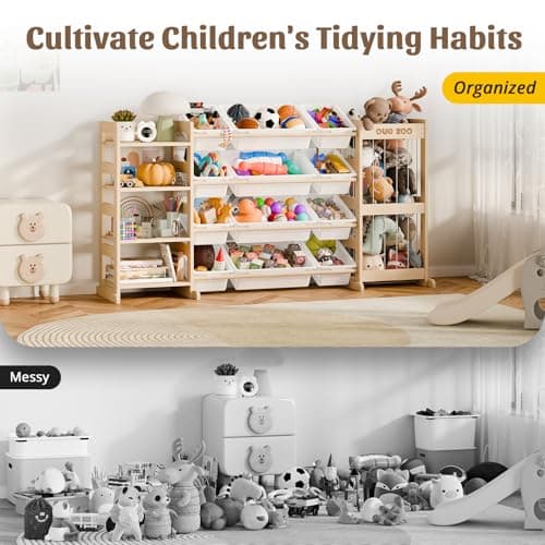 Large Kids Toy Storage Organizer - Toy Organizers and Storage with Stuffed Animal Storage, Solid Wood Toy Storage Shelf with 12 Plastic Bins, 4-Tier Bookshelf for Kids Room, Playroom, Bedroom, 59 inch — view 5