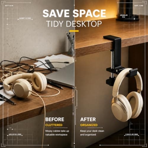 JAKO Headphone Stand for Desk, Aluminum Alloy Foldable Headphone Holder - Headset Stand Hook Mount, PC Gaming Headset Holder Under Desk Clamp for Office, Computer, Student Class Table, Handmade Table — view 2