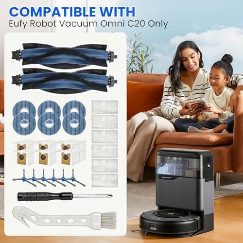 28-Piece Replacement Parts Kit for eufy Omni C20 Robot Vacuum, Includes 2 Main Brushes, 6 Side Brushes, 6 HEPA Filters, 6 Dust Bags, 6 Mop Pads & Maintenance Tools - Full Refill Accessories