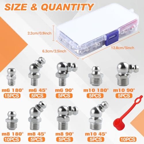 70 Pcs Metric Hydraulic Grease Fittings Assortment, M6 M8 M10 Straight 45° 90° Angled Zerk Grease Fitting with Cap, Galvanized Steel Grease Zerk Kit
