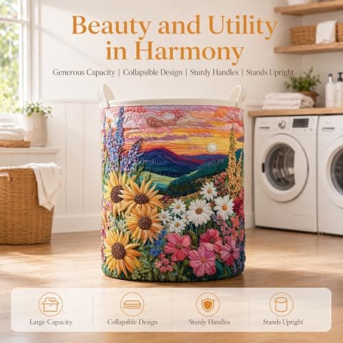 Quilted Laundry Basket with Handles, Boho Floral Quilted Storage Hamper, Large Soft Fabric Laundry Basket for Nursery, Bedroom, Laundry Room,Clothes & Toys (Pattern 02, Large (28"H x 20"W x 20"L))