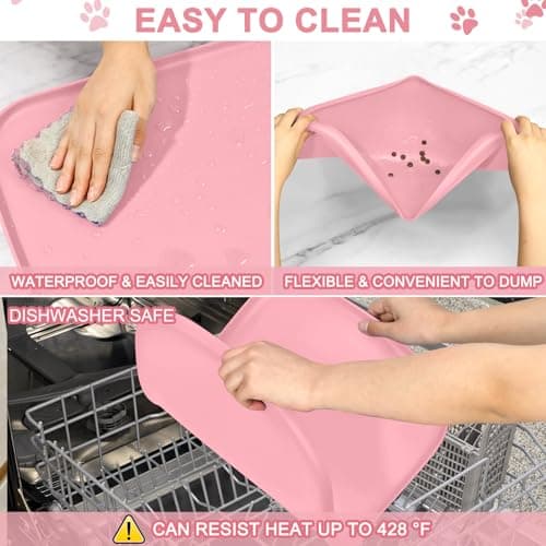SMILOOL Silicone Pet Food Mat with Raised Edge for Food and Water Bowl, Dog Feeding Mats, Cat Food Trays for Floor Waterproof, Rubber Tray for Dogs and Cats, 19 x 12 x 0.7 Sakura Pink — view 5
