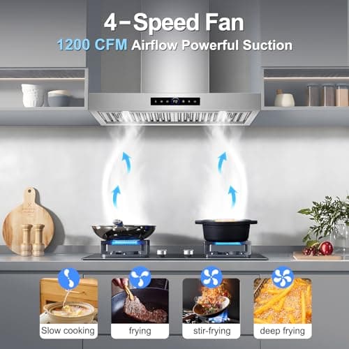 30 inch Range Hood Wall Mount, 1200 CFM with 4-Speed Gesture Sensing & Touch Control, Stainless Steel Ducted Kitchen Stove Vent Hoods with 2 LED Lights, Time Setting, Dishwasher-Safe Baffle Filters — view 3