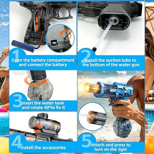 2PCS Electric Water Guns for Adults & Kids, Automatic Squirt Pistols (Black + Blue) with LED Light & Sound, Rechargeable, Long Range – Summer Outdoor Pool Beach Party Toys, 4 Batteries & 2 Cables — view 3