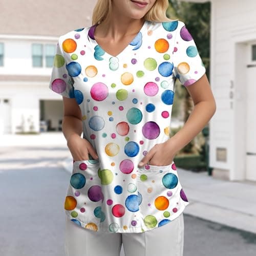 Women Scrub Tops Caregiver Uniform Butterfly Floral Heart Patter V Neck Short Sleeve Scrub Top Tunic Workwear