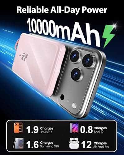 golioklsy Portable Charger Power Bank, 10000mAh Phone Charger with Built-in Cable, 20W PD Fast Charging, Slim Battery Pack with LED Display, Travel Essential for iPhone 17/16/15/14 All Series, Pink — view 2