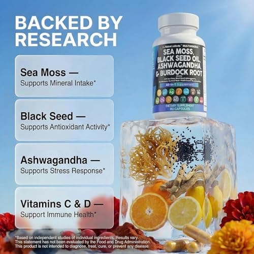 Clean Nutraceuticals Sea Moss Black Seed Oil Ashwagandha Turmeric Bladderwrack Burdock & Vitamin C Vitamin D3 with Elderberry Manuka Dandelion Yellow Dock Iodine Chlorophyll ACV — view 2