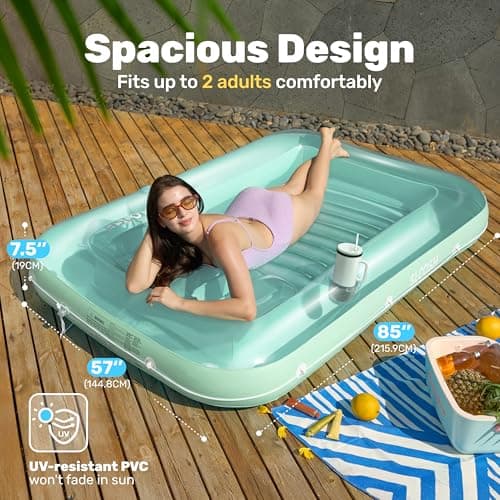 Sloosh Inflatable Tanning Pool Lounge Float, 85" x 57" Extra Large Sun Tan Tub Raft for Pool Sunbathing Suntan Blow up Pool Lounger Tanning Bed Floatie for Adults（XL-Cyan）