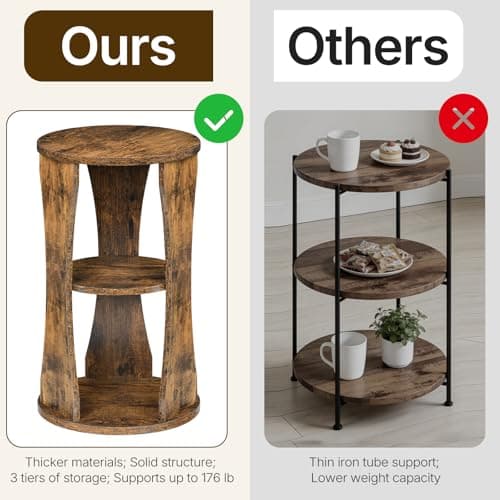 YATINEY Round Side Table, 3-Tier Small End Table with Storage Shelves, Wooden Accent Table for Living Room, Bedroom, Rustic Brown ET15BR — view 4