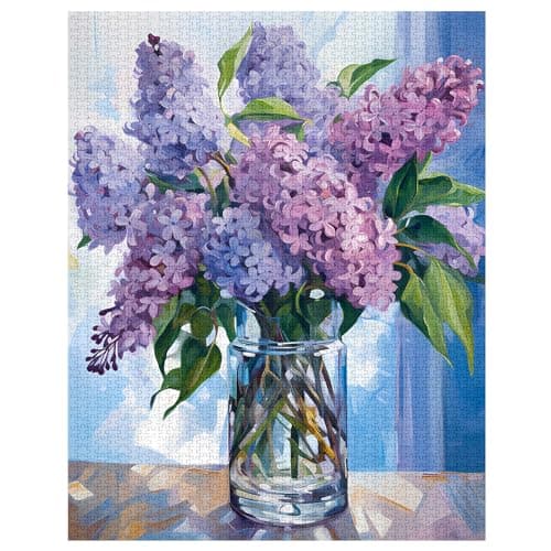 1000 Piece Jigsaw Puzzles for Adults, Purple Lilac in a Glass Vase Jigsaw Puzzles，Blue Flowers with Green Leaves Puzzle，Challenging Family Activity Perfect for Game Nights，Floral Puzzle Wall Art Decor