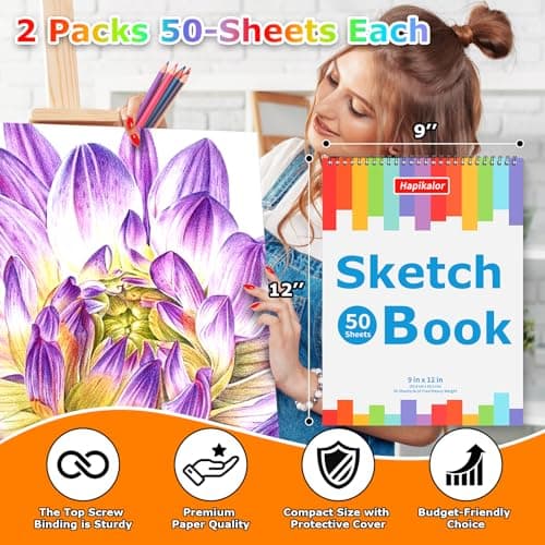 9" x 12" Sketch Book, 2-Pack 50 Sheets Spiral Bound Art Sketchbook, Acid Free Artist Drawing Book Paper, Art Supplies for Adults Kids, Craft Activities, Sketch Paper for Drawing Coloring Sketching — view 5