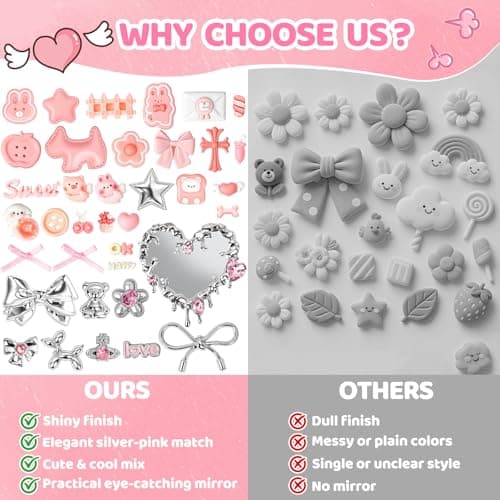 Noledome Junk Case Charms Kit - Pink-Silver Themed Flat Back Resin Pieces - Phone Decorations with Mirror and Tweezers - Kawaii Accessories for DIY Cute and Junk Phone Case, Jewelry, Nail Art, Shoes, Socks, Keychains — view 5