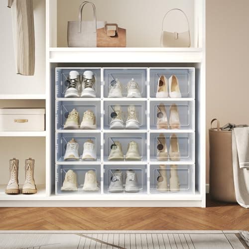 DUMOS Shoe Storage Boxes, 12-Pack Stackable Clear Shoe Containers with Lids, Display Sneaker Case Organizer for Closet, Under Bed, Entryway,White, Fit Size 11 — view 2