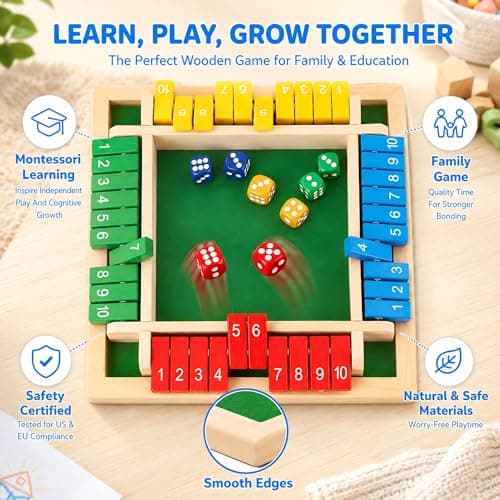 Shut The Box Math Board Game Wooden Dice Toy for 1-4 Players Kids Adults — view 2