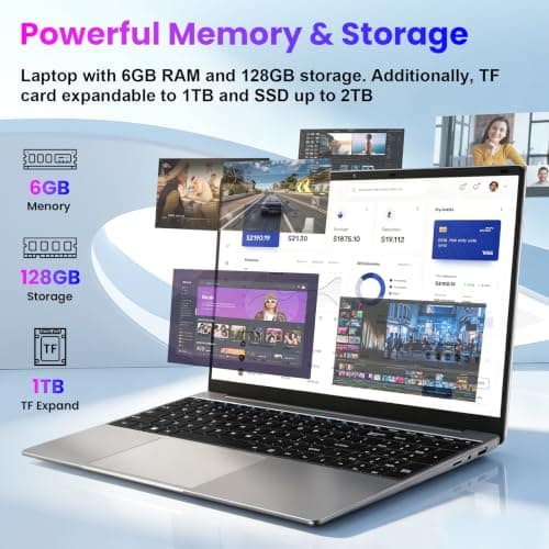 BTDD 15.6" FHD Laptops with AI Assistant Included, Quad-Core Processor(Beat Celeron 5205U), 1 Year Office 365, 6GB RAM 128GB SSD, 180°Viewing, USB-C, 1920x1080, 53.2Wh, for Business and Student — view 4