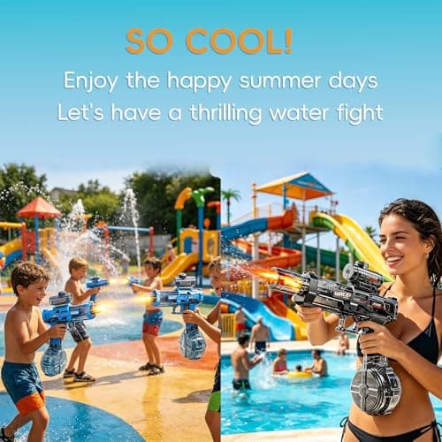 2PCS Electric Water Guns for Adults & Kids, Automatic Squirt Pistols (Black + Blue) with LED Light & Sound, Rechargeable, Long Range – Summer Outdoor Pool Beach Party Toys, 4 Batteries & 2 Cables — view 4