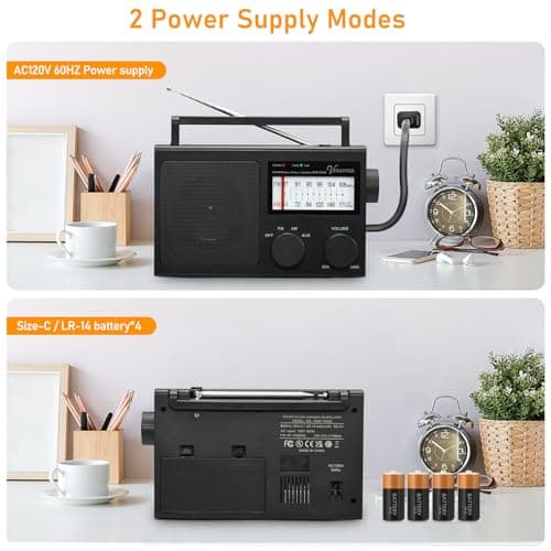 VERAVOXES Portable AM/FM Radio with Bass Control, Equipped with a Built-in high-Power Speaker, Headphone Jack, and AUX Audio Input, Battery or AC Power Operation (Black)