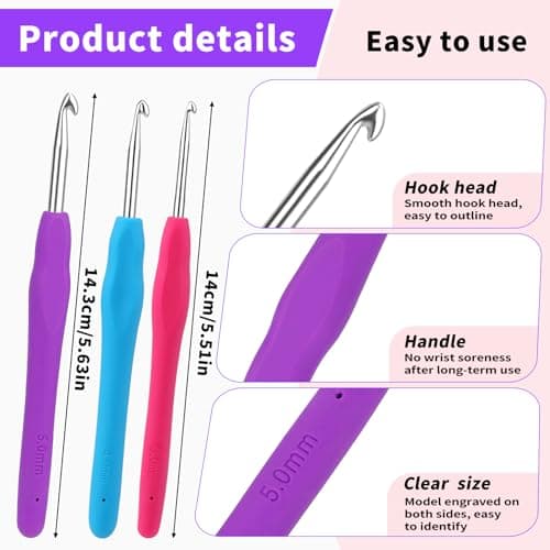 Iuuidu 3PCS Crochet Hooks Set, 3.0/4.0/5.0mm Aluminum Crochet Hooks with Soft Silicone Handles, Crochet Needles for Beginners, Knitting Needles for Lovers Handmade DIY Multicolor