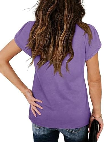 Haloumoning Girls' Summer T Shirts Crewneck Petal Short Sleeve Cute Casual Tops, Purple, 5-6 Years