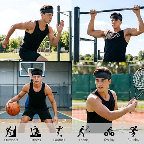 Sweatbands for Men 4 Pack, Moisture Wicking Sports Headbands for Men, Non Slip Running Headband, Elastic Breathable Sweat Bands for Running, Tennis, Football, Baseball, Soccer, Gym, Cycling, Workout — view 5