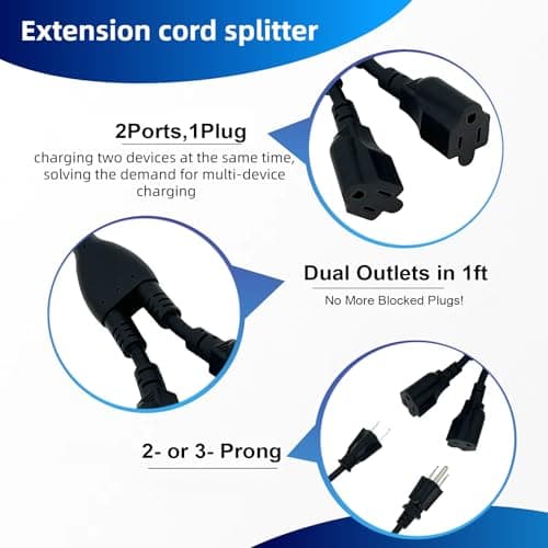ENATECLITE 3 Prong Power Cord 1 to 2 Outlet Splitter,3-Way Power Splitter with 10A/1200W Capacity ，1FT Short Extension for Home,Kitchen, Office (Black) — view 3