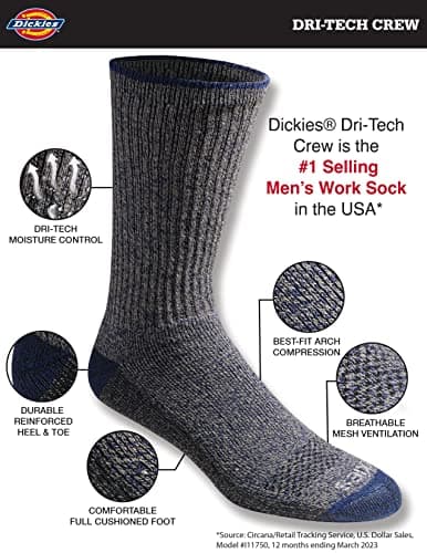 Dickies Men's Dri-Tech Original Moisture Control Crew Socks, Available in M-XXL (6, 12, 18 Pairs), Heathered Colors (6 Pairs), Large — view 2