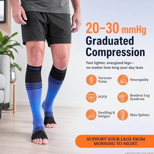 Doc Miller Premium Open Toe Compression Socks Dress Series 1 Pair 20-30mmHg, Toeless Compression Socks Women, Open Toe