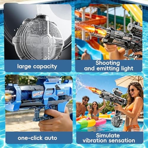 2PCS Electric Water Guns for Adults & Kids, Automatic Squirt Pistols (Black + Blue) with LED Light & Sound, Rechargeable, Long Range – Summer Outdoor Pool Beach Party Toys, 4 Batteries & 2 Cables — view 2