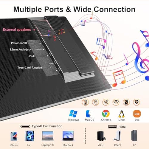 BKVOO Portable Monitor 16" 1200P FHD Laptop Screen Extender, Horizontal Vertical Monitors with External Speakers, 100% sRGB Plug & Play Computer Gaming Travel Second Screen for Wins Mac Phone PS5 Xbox — view 5