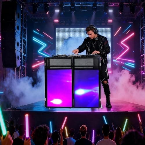BBTEQEKN Upgraded Portable DJ Booth with Wheels, 44" x 20" DJ Stage Setup with Replaceable Black and White Scrims, Folding Portable Bar Table for Party, Wedding, Events