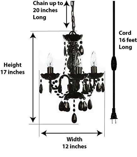 The Original Gypsy Color 3 Light Mini Plug-in Black Chandelier for H17" W12", Black Metal Frame with Black Acrylic Crystals