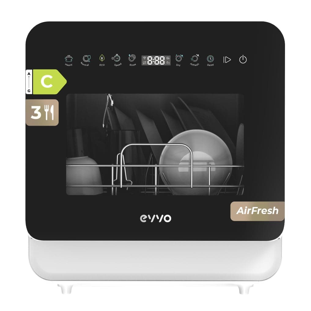 Lavavajillas EVVO Mini D Trip 3 – Lavavajillas Compacto Sobremesa, 3 Servicios, Clase Energética C, 6 Programas, Secado Extra Air Fresh, Panel LED Táctil, Inicio Diferido, Sin Instalación