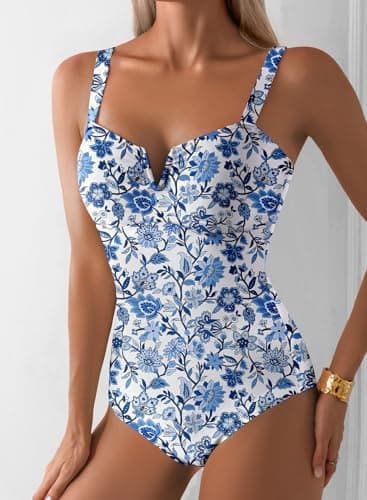 Aleumdr Women Tummy Control Swimsuit Retro One Piece Bathing Suit V Neck Boho Tie Shoulder Print Floral Swimwear Padded Push Up Swim Suit Blue X-Large