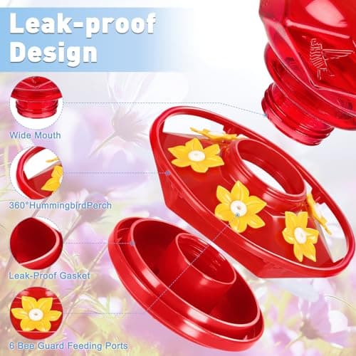 Hummingbird Feeders for Outdoors Hanging Ant and Bee Proof, 18OZ Diamond Humming Bird Feeders for Outside Circular Perch with Leak Proof & 6 Feeding Ports, Gifts for Women, Red 2 Pack Plastic — view 3