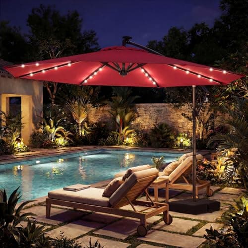 Tangkula 10ft Solar Patio Umbrella with Base Included, Offset Cantilever Outdoor Umbrella with 32 LED Lights, Infinite Tilt, 360 Degree Rotation, Crank Handle for Pool Deck Garden Backyard (Wine)