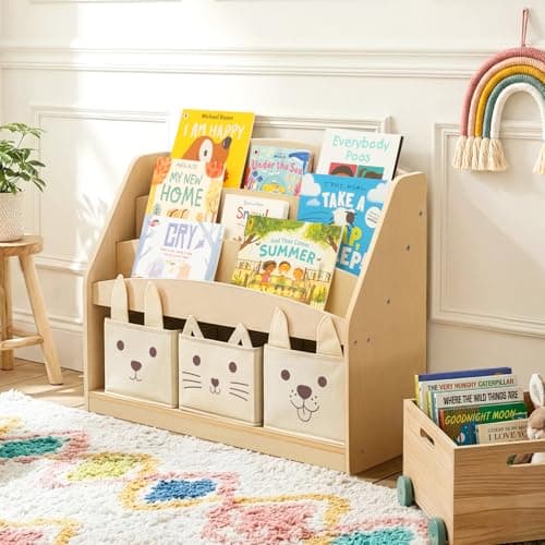 OOOK 3-Tier Kids Bookshelf with 3 Removable Fabric Storage Bins, Front Facing Toddler Montessori Bookshelf, Wooden Bookcase for Kidsroom, Classroom, Playroom, Nursery