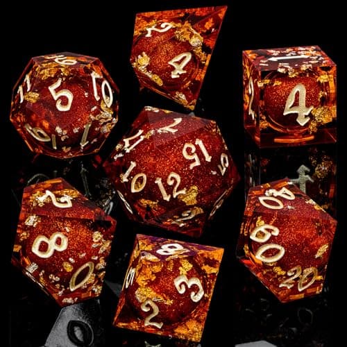 ARUOHHA Liquid Core DND Dice Set, 7pcs Resin Sharp Edged Dragons Dice Compatible with D&D Role Playing Game, Handmade RPG Golden Red Dungeons Polyhedral Dice with Gift Box, D20 D12 D10 D8 D6