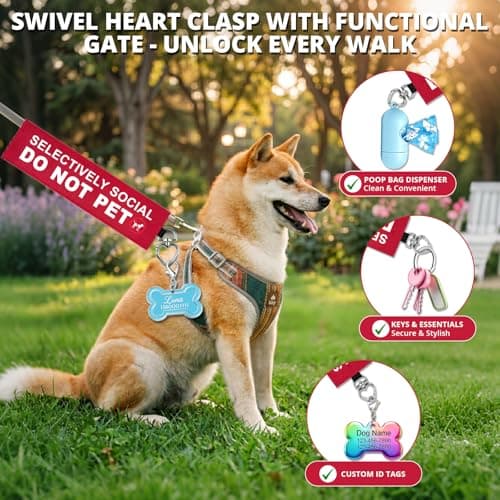 Selectively Social Dog Leash Wrap, Double-Sided Visible Dog Sleeve with Heart Carabiner, Ripstop Do Not Pet Warning Sign, Fits Standard Rope & Flat Leashes, Red — view 4