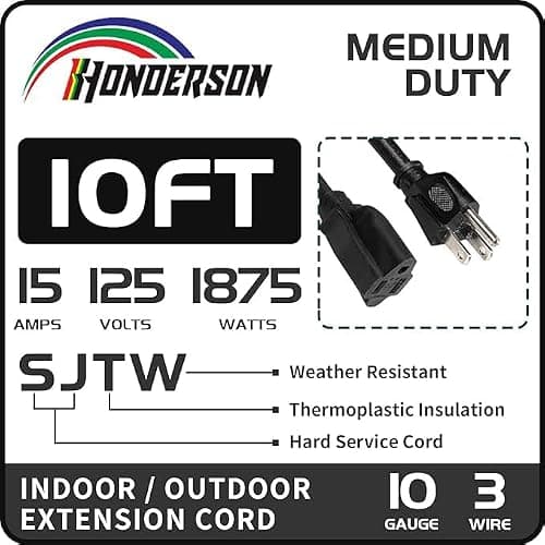 HONDERSON Indoor Outdoor Extension Cord Weatherproof, UL Listed, 10 Gauge 10FT Black 3 Prong Heavy Duty Extension Cord, 10/3 SJTW 15A Power Extension Cord for Outdoor Lights, Appliances, Lawn